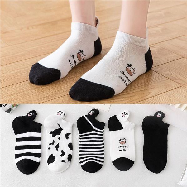 

socks & hosiery black and white jacquard milk women's shallow mouth boat summer thin style korean cartoon cow cute pure cotton indie, Black;white