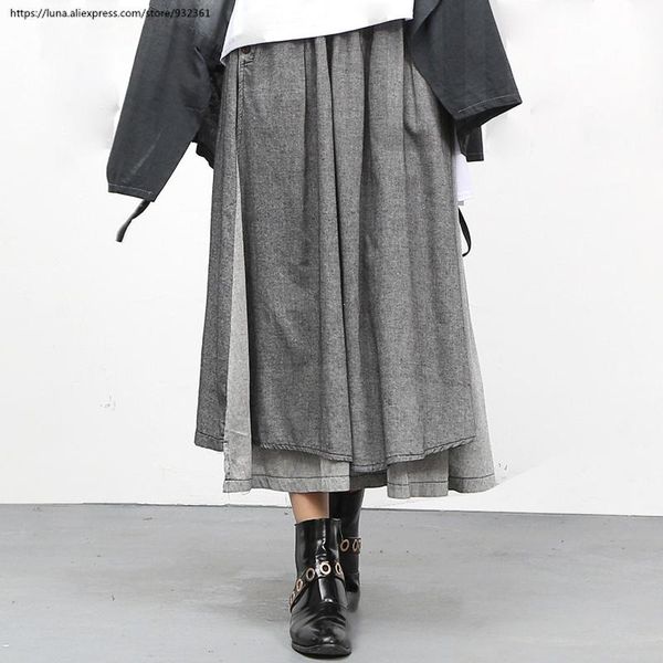 

skirts retro boho asymmetric pleated long skirt women summer casual gray spliced cotton linen falda verano larga, Black
