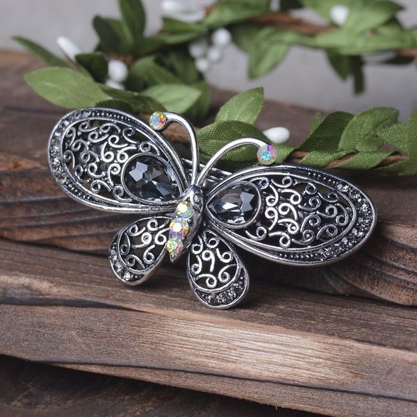 

factory wholesale women's headdress hairpin ancient silver butterfly shape hollow spring clip crystal hair ornament hea/rtsch/rome