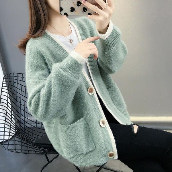 

women's knits & tees women 2021 autumn fashion short cardigan overcoats female long sleeve solid sweaters coat ladies loose knitted jac, White