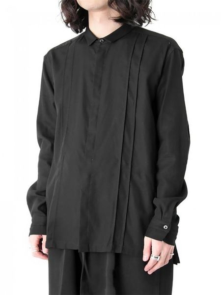 

men's casual shirts deep black department long sleeve pleating splicing design classic simple fashion personality loose large shirt, White;black