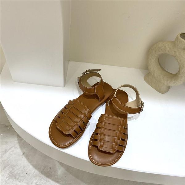 

roman sandals 2021 women's female shoe open toe breathable all-match gladiator new girls retro peep flat beige comfort round sca, Black