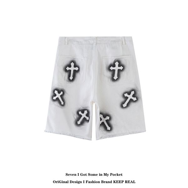 

crosin akac high street graffiti cross flash shorts summer hiphop casual denim capris men's fashion brand m5ru, White;black