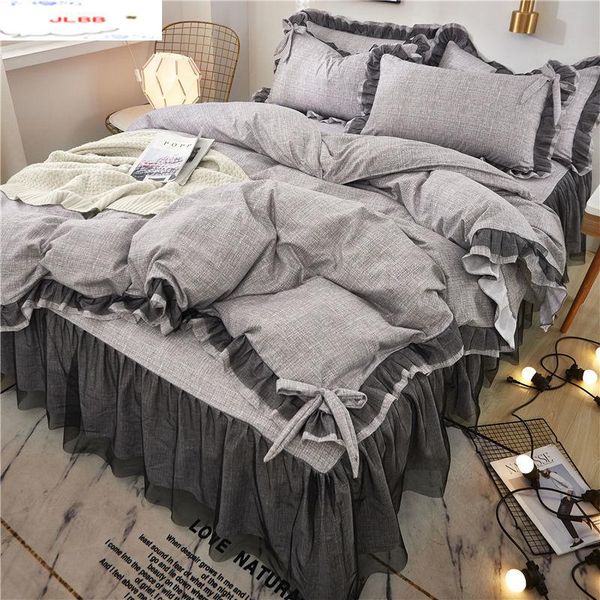 

bedding sets gray lace set twin full  king bedspread princess duvet cover pillowcase girls bed skirt solid bedclothes