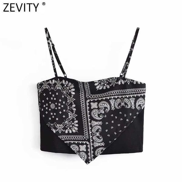 

zevity women vintage paisley print patchwork spaghetti strap chic camis tank ladies summer slim crop sling ls9262 210603, Red;black