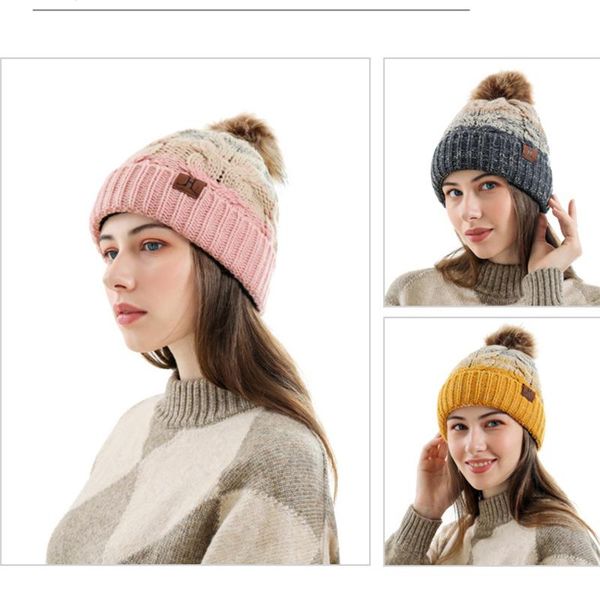 

berets fashion autumn and winter woolen hat women thickened color matching knitted warm ear protection hair ball cap cute plus wool, Blue;gray