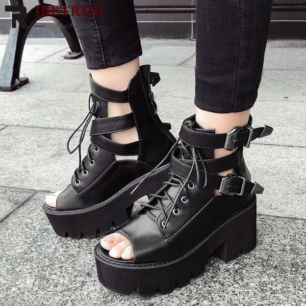 

sandals ribetrini cool women gothic open toe summer shoes buckle high heels lace up fashion brand, Black