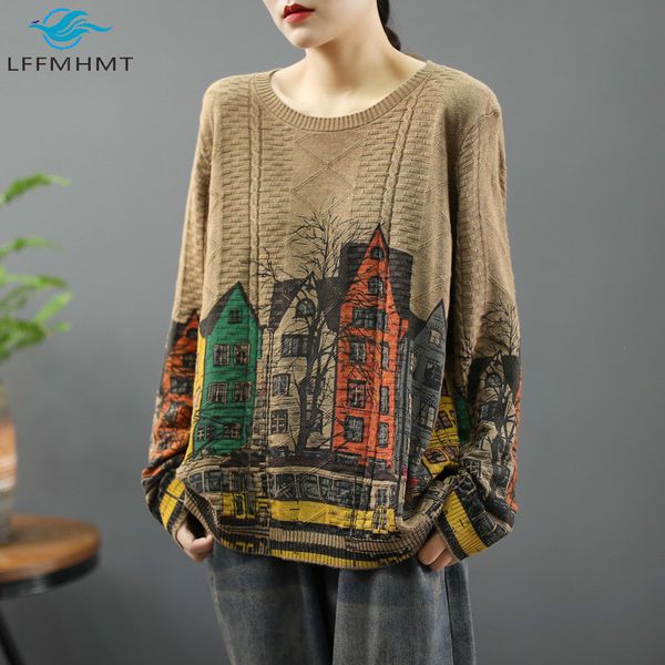 

2021 new autumn fashion women long sleeve city house brick pattern sweater office lady large size casual pullover vintage knitwear btce, White;black
