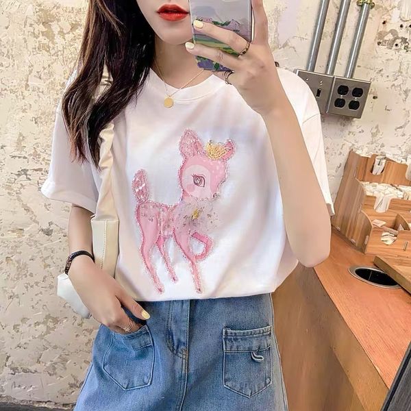 

new beading deer kawaii korean clothes 2021 fashion short sleeve crewneck cotton graphic tshirt cute tee t shirts for women 163 qyo4, White