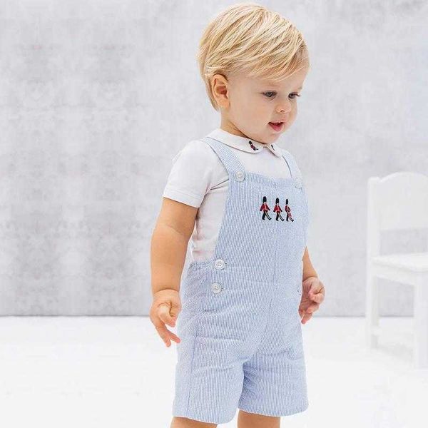 İspanyol Bebek Erkek Giysileri Set Çocuk Bebek Beyaz Bluz Gömlek Asker Nakış Tulum Toddler Boy Pamuk Butik Kıyafetler 210615