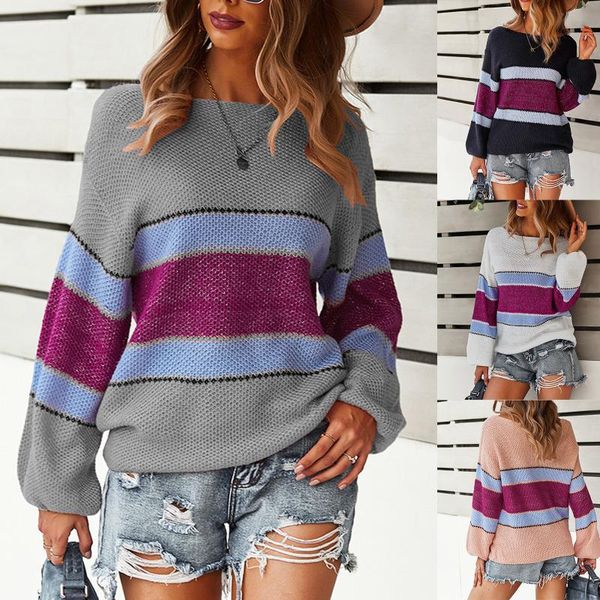 

women's sweaters 2021 fashion striped long sleeve sweater women round neck warm casual pullover loose knitted female clothings #4, White;black