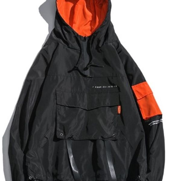 

mens hooded sports jacket loose contrast color large pocket long sleeve jacket brand spring autumn coat for male, Black;brown
