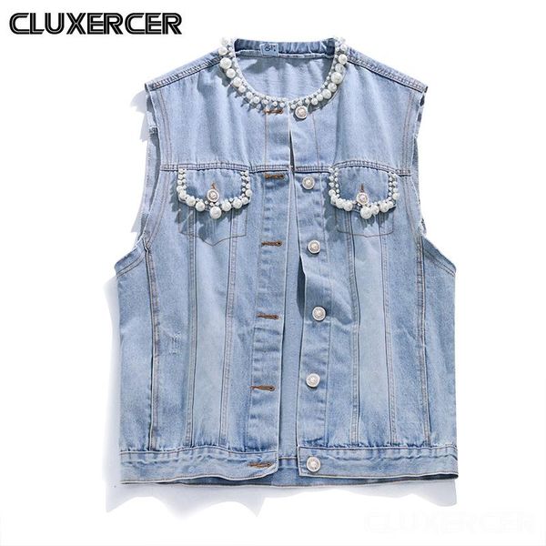 

women's vests 2021 denim vest women sleeveless jacket fashion beading female loose jeans coat, Black;white