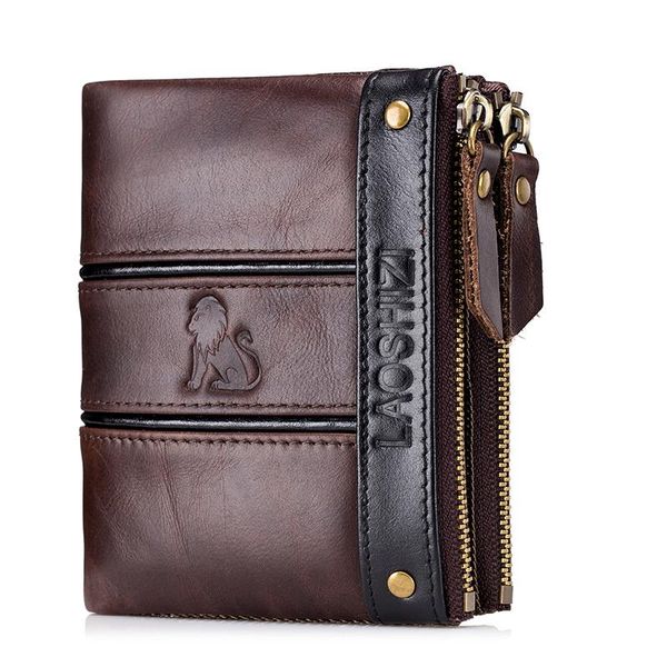 

wallets laoshizi real cow leather rfid men wallet holders double zipper cowhide purse, Red;black