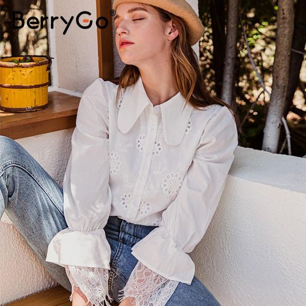 

women's blouses & shirts berrygo casual turndown collar women blouse shirt bubble sleeve embroidery flower female office lady splice, White