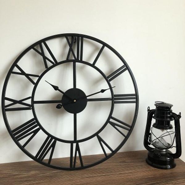 

nordic metal roman numeral wall clocks retro iron art black gold hanging ornament home decoration big wall clock garden