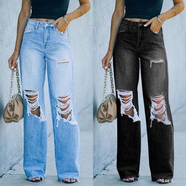 

women's jeans trade hole leisure temperament washed denim wide leg trousers street fashion, Blue