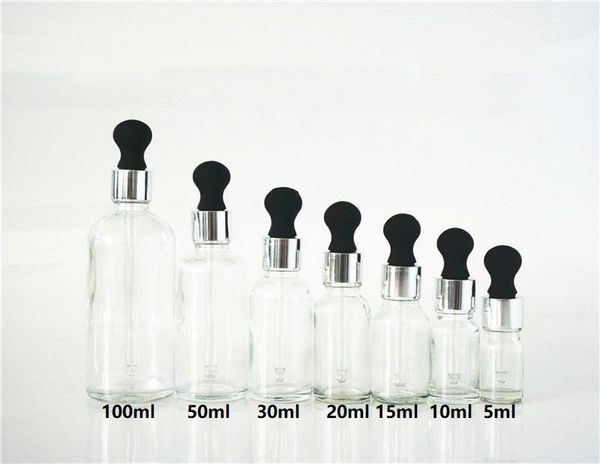 

storage bottles & jars 5/10/15/20/30/50/100ml clear essential oil containers black big rubber head silver empty ring dropper cover glass