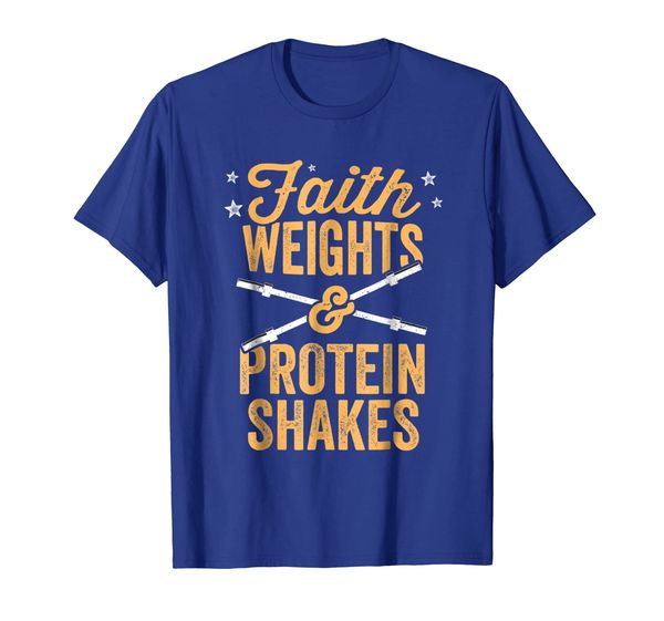 

faith weights and protein shakes t-shirt powerlifting gym, White;black