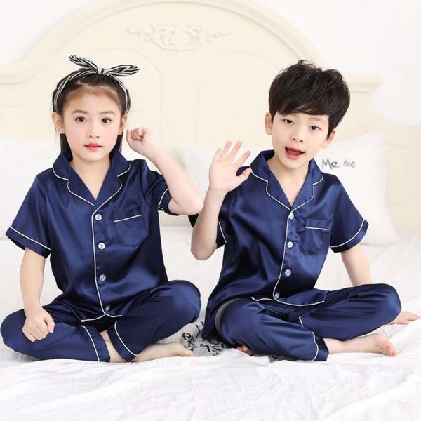 

children's spring and summer short sleeve shorts boys' thin household girls' silk pajamas suit air conditioning clothes, Blue;red