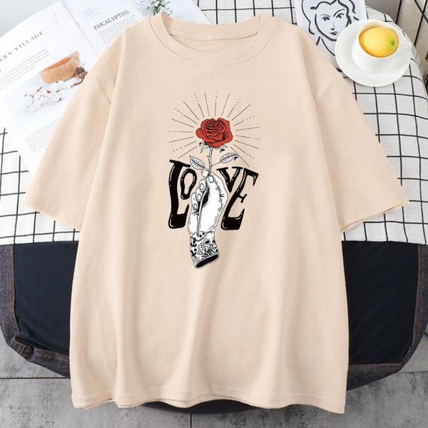 

women's t-shirt hand with a rose love printing womens t shirts simple casual vintage loose tee clothing letter oversize tshirt, White