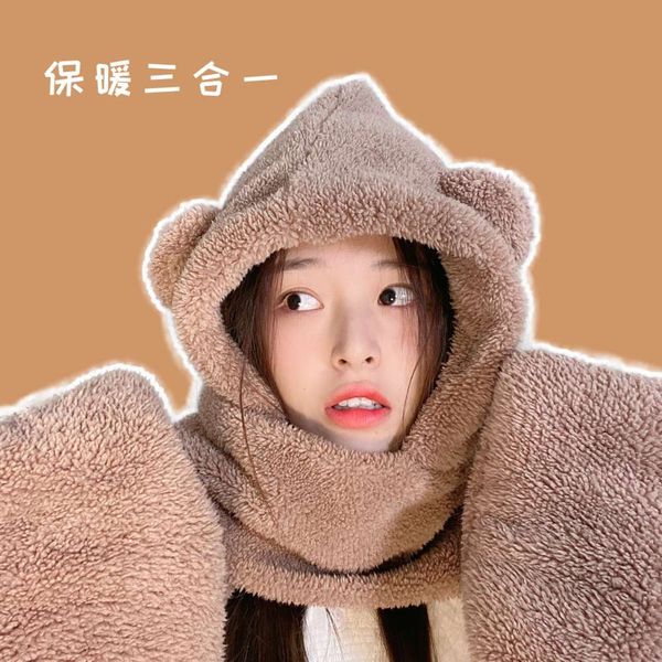 

3-piece bear ear protection for women autumn and winter lovely plush scarf hooded korean thermal hat, Blue;black