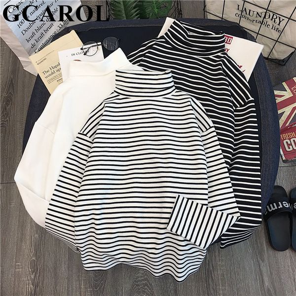 

gcarol women t-shirt turtleneck full sleeve stretch multiple design basic drop shoulder undershirt pullover plus size -xl 210302, White