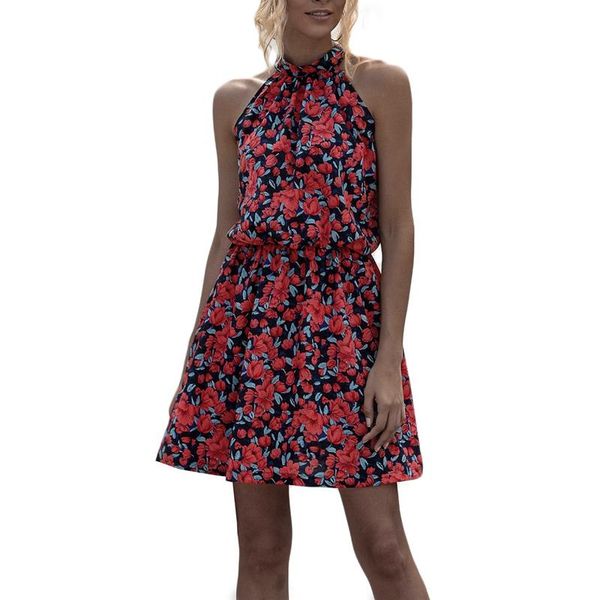 

casual dresses summer backless floral mini dress retro short sleeveless beach party dark blue  size, Black;gray