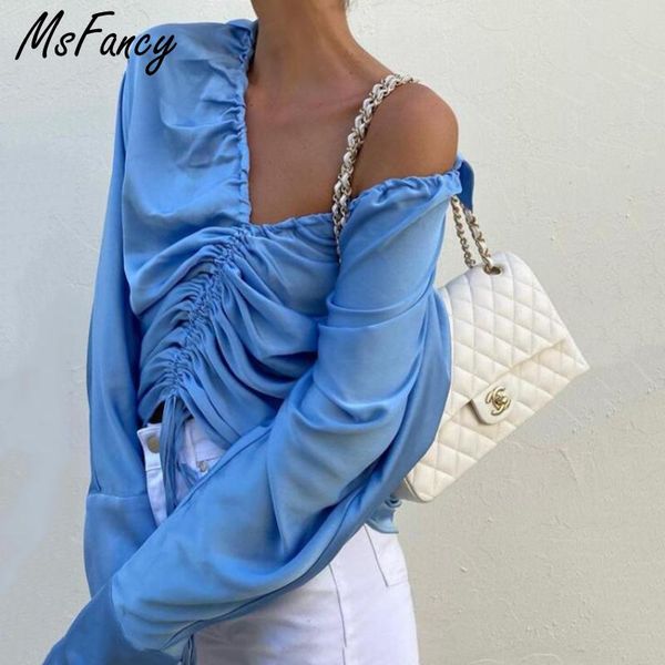 

women's blouses & shirts msfancy satin blouse women long sleeve v-neck shirring blusas mujer2021 korean fashion blue loose, White