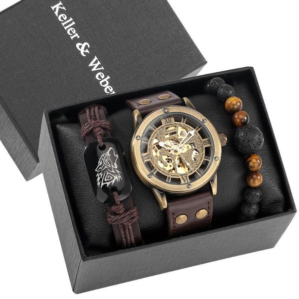 

wristwatches 2021 men watch set wrist stainless steel case mechanical luminous calendar elegant wristband gift for present, Slivery;brown