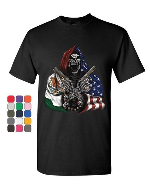 

men's t-shirts cool american mexican flag patriot skeleton hitman with guns t-shirt. summer cotton short sleeve o-neck mens t shirt s-3, White;black