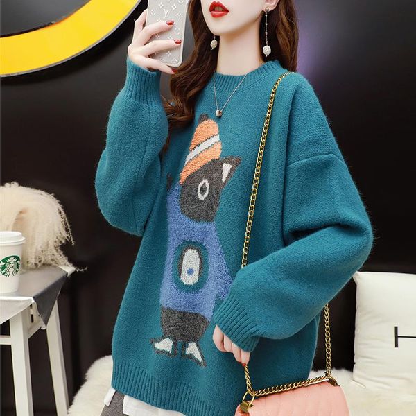 

women's sweaters 2021 winter female japanese college style childlike animal jacquard loose round neck thick sweater sweate, White;black