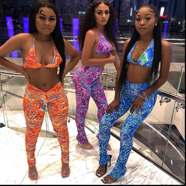 

2021 vintage print bra bandage leggings 2 piece set autumn winter women fashion streetwear holiday tracksuit, Gray
