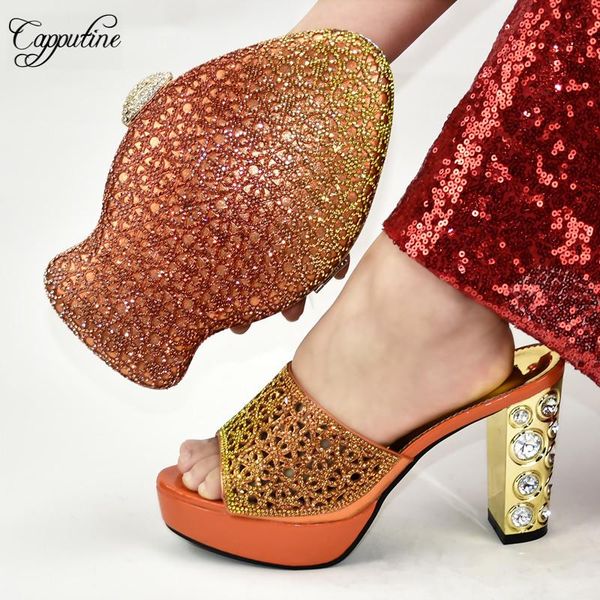 

dress shoes fashion orange with rhinestones design african lady and handbag sets for party 398-4 heel 10cm, Black