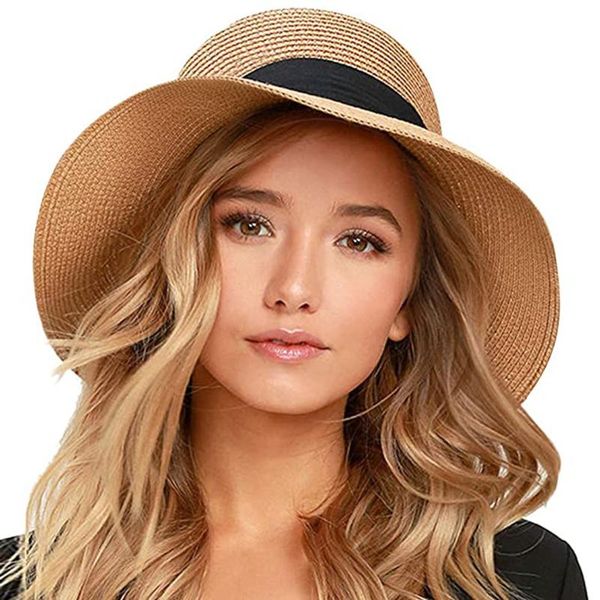 

wide brim hats summer hat for women beach sun straw panama fedora cap uv protection adjustable rope female, Blue;gray