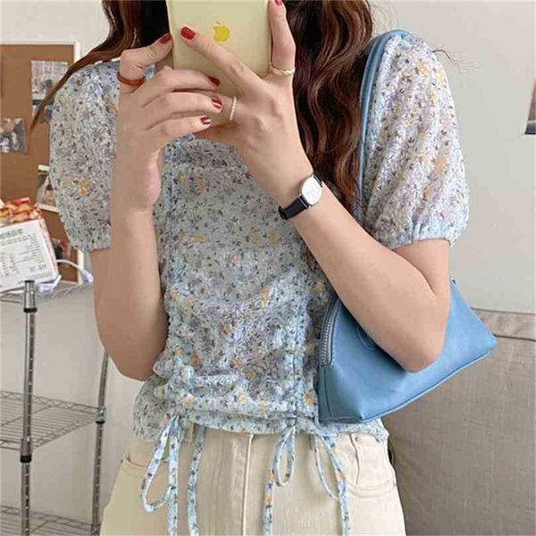 

korean retro sweet fairy square neck printed girls slim thin drawstring short sleeves floral chiffon blouses 210525, White