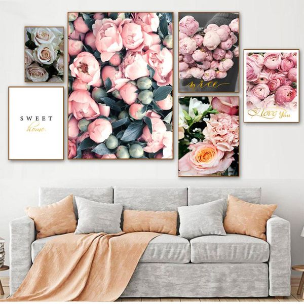 

paintings wall art picture for living room home decoration canvas painting nordic decor elegant peony flower phrase poster and print