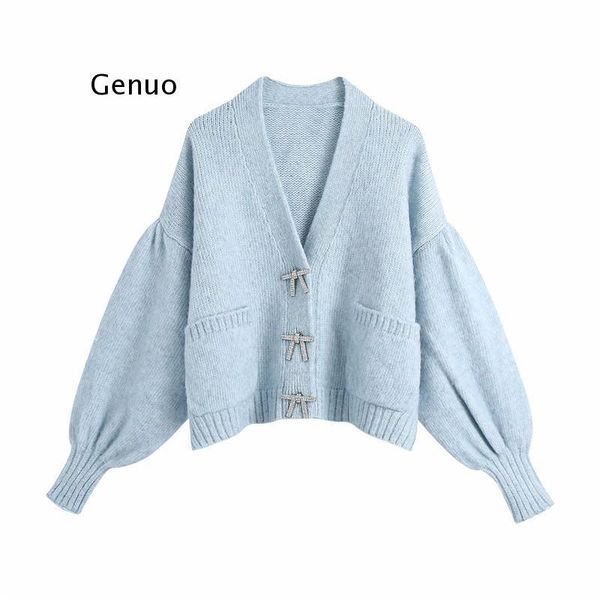

women fashion rhinestone buttons loose knitted cardigan sweater vintage long sleeve pockets female outerwear chic, White