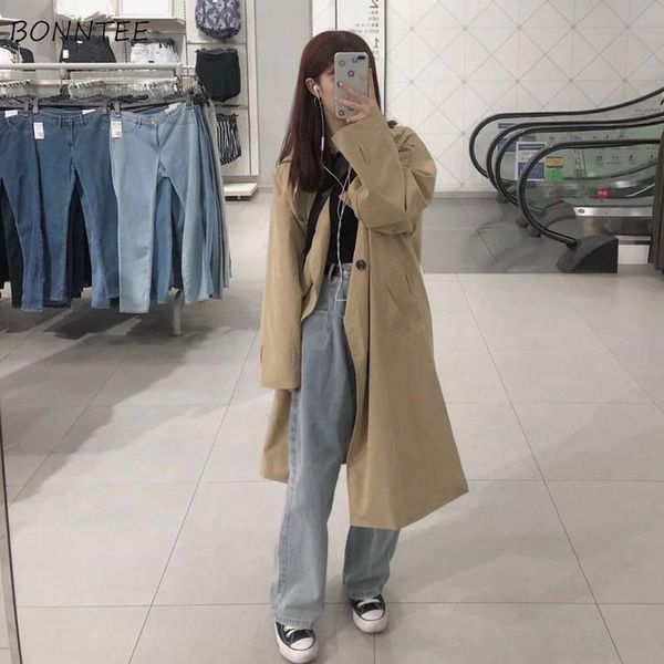

women's trench coats women minimalist korean spring fashion street leisure teens windbreaker slim retro all-match chic x-long femme out, Tan;black