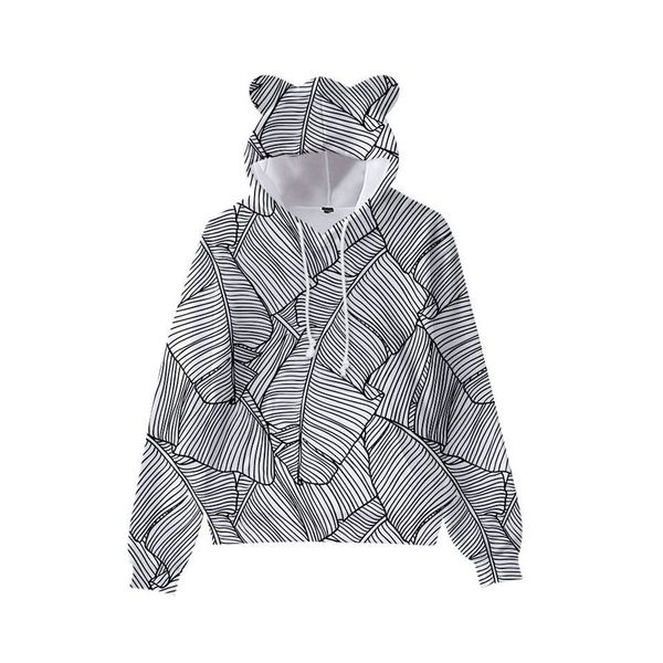 

black and white leaf print cute boy girl clothes hooded 3d printed hooded sweater autumn early winter ears hooded pullover