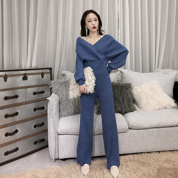 

2021 new women soild v neck batwing sleeve shining knitting jumper sweaters+wide leg pants 2 pieces set suits z1ee, Gray