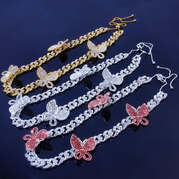 

iced out butterfly necklaces 12mm rhinestone cubic zircon hip hop jewelry silver gold pink fashion women adjustable miami cuban link chains, Black