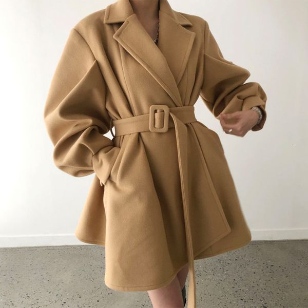 

2021 new autumn and winter french vintage solid notched belt slim lantern sleeve clip cotton warm wool coat woman 7xpa, Tan;black