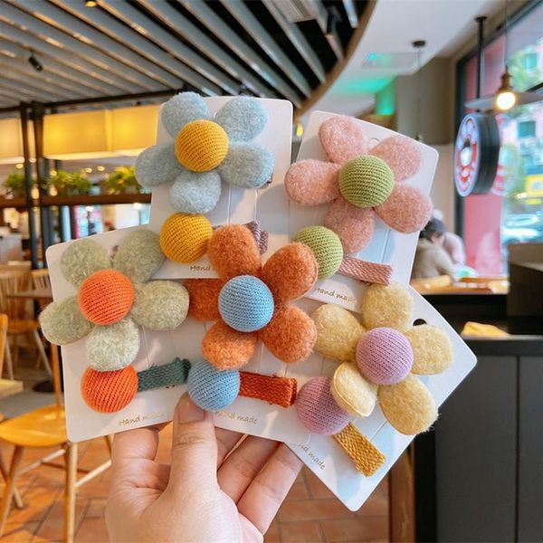 

2-piece sweet girl simple beautiful colorful plush flower duckbill clip headwear fashion children's hairpins hair accessories, Slivery;white
