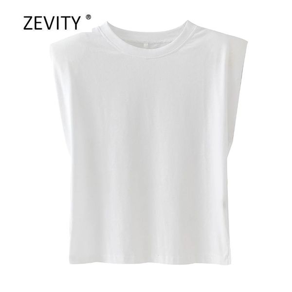 

new women fashion solid color shoulder pad casual t-shirts female basic o neck sleeveless knitted t shirt chic leisure t678 210315, White