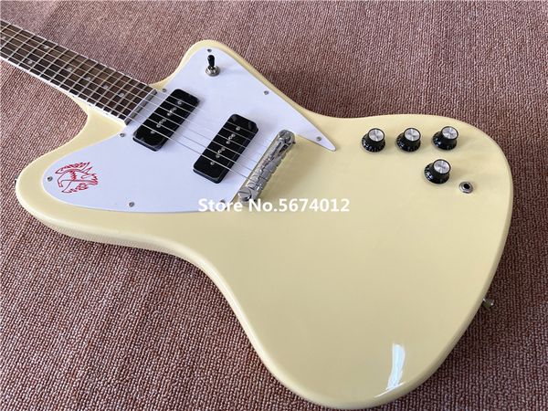 Loja personalizada, não reverso, fogo, trovão, creme, guitarra elétrica, envoltório, arremate, captadores p90 pretos, pickguard branco