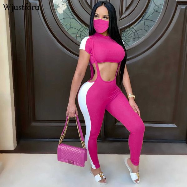 

wjustforu 7 color sport patchwork two piece set women crop + overalls leggings casual skinny tracksuit clothes 201009, White