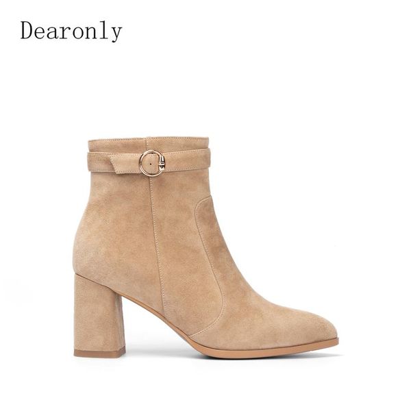 

boots dearonly pointed toe chunky heel side zipper faux suede leather women ankle, Black