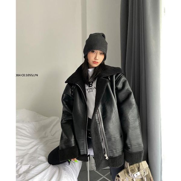 

women's leather & faux 2021 lamb fur coat women winter black loose large size one stand-up collar zipper motorcycle clothing fashion tr