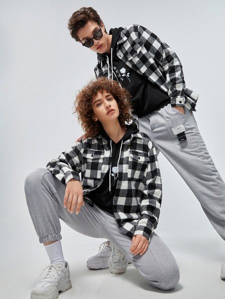 

1pc buffalo plaid flap pocket overcoat g6en#, Black;brown